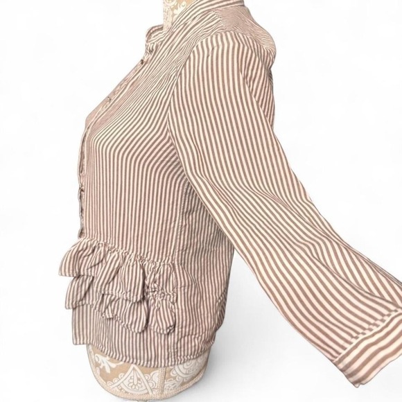 Zara Basic beige & white striped ruffle button blouse, lightweight, size S - Picture 4 of 8